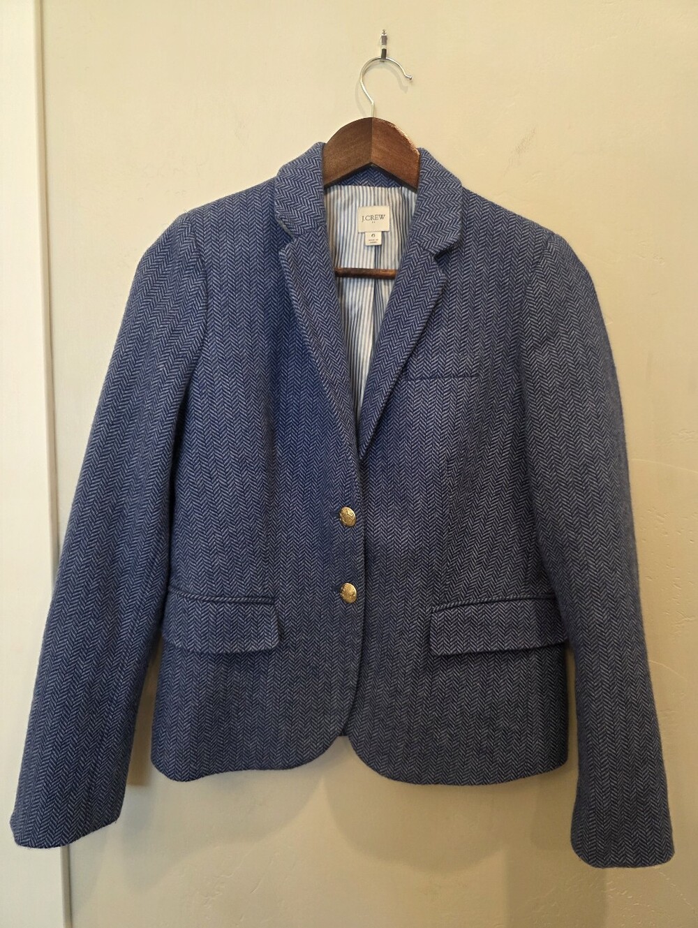 J. Crew Campbell Blue Herringbone Wool-Blend Blazer with Gold Buttons